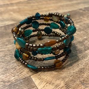 Brown and Blue Beaded Bangle Bracelet